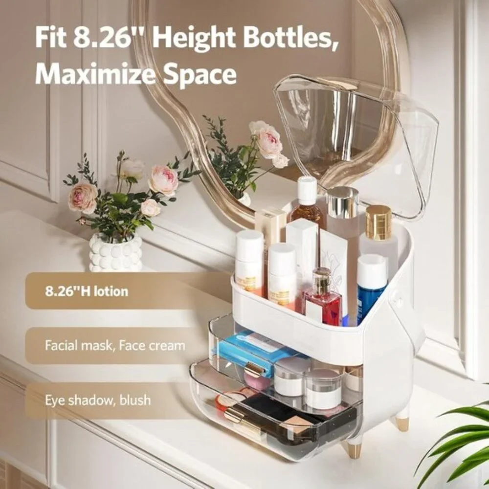 Makeup Organizer for Vanity, Large Skincare Storage with Lid & Drawers - White